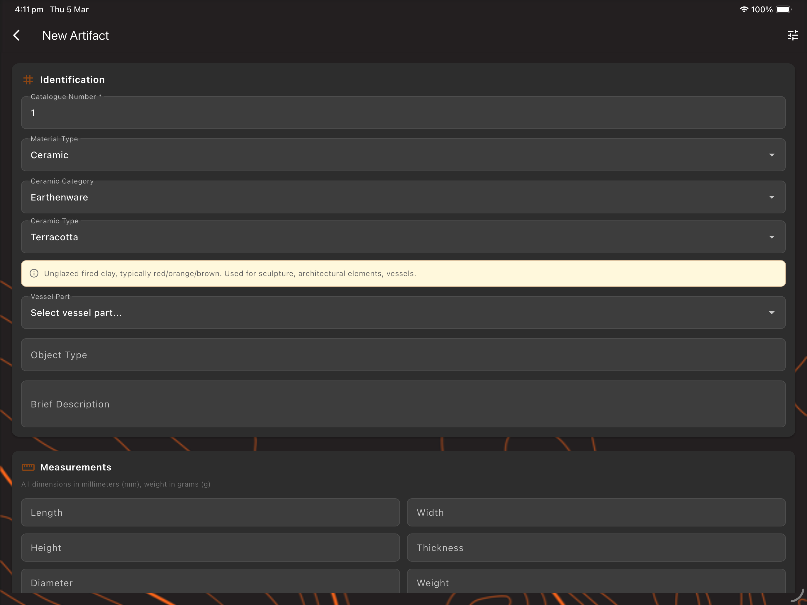 Artifact and sample cataloguing with metadata capture